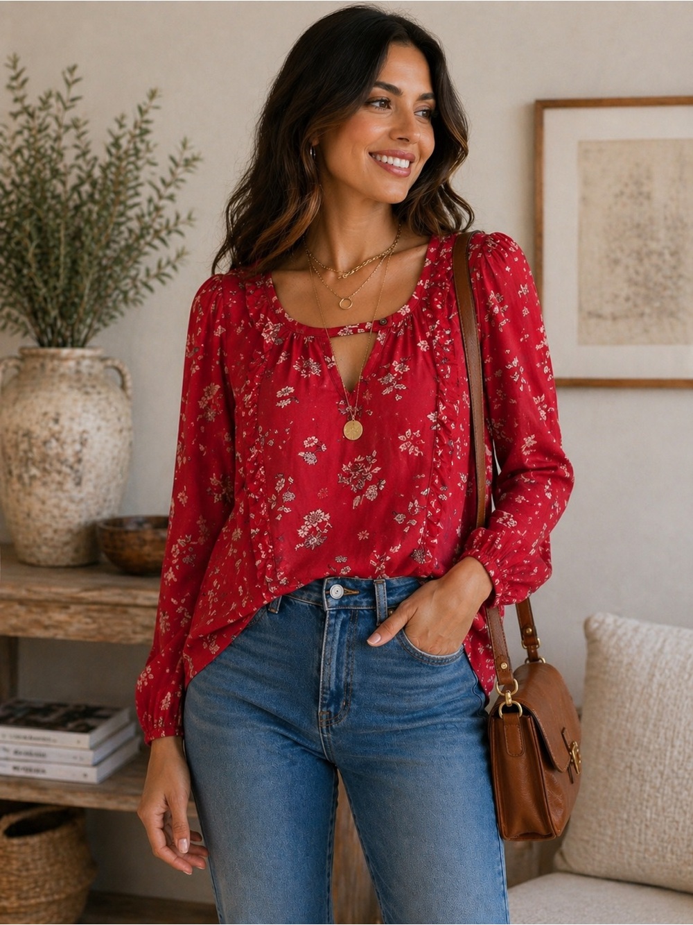 MEDIUM Universal Thread red floral top shirt